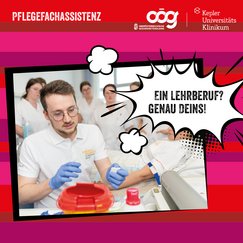 Lehrperson mit einer Gruppe Auszubildender zur Pflegefachassistenz;  In Sprechblase: Ein Lehrberuf? Genau Deins!