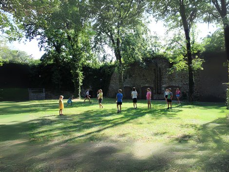 Kinder beim Ballspielen auf Wiese unter Bäumen