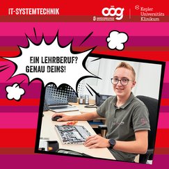 IT-Lehrling bei der Arbeit am PC.  In Sprechblase: Ein Lehrberuf? Genau Deins!