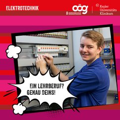 Elektrotechnik-Lehrling bei der Arbeit.  In Sprechblase: Ein Lehrberuf? Genau Deins!