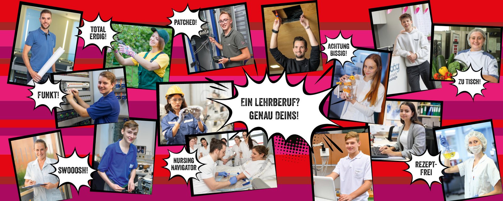 Lehrlinge der verschiedenen Lehrberufe in typischer Tätigkeit. In Sprechblase: Jetzt Lehre starten und Prämie sichern_ Gutscheine im Wert von 500,- Euro. Ein Lehrberuf? Genau Deins!