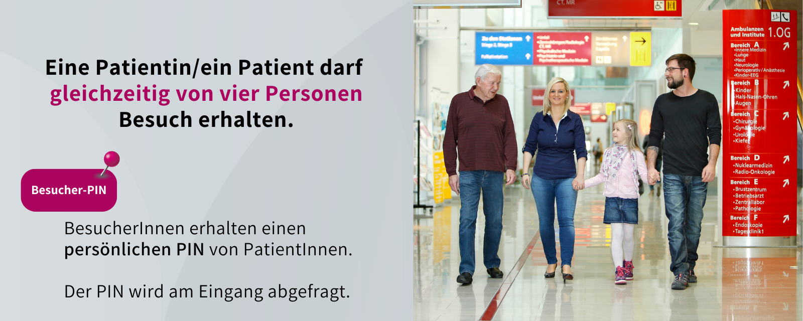 Am Bild 4 BesucherInnen im Spital. Eine Patientin/ ein Patient darf gleichzeitig von vier Personen Besuch erhalten. BesucherInnen erhalten einen persönlichen PIN von PatientInnen. Der PIN wird am Eingang abgefragt.