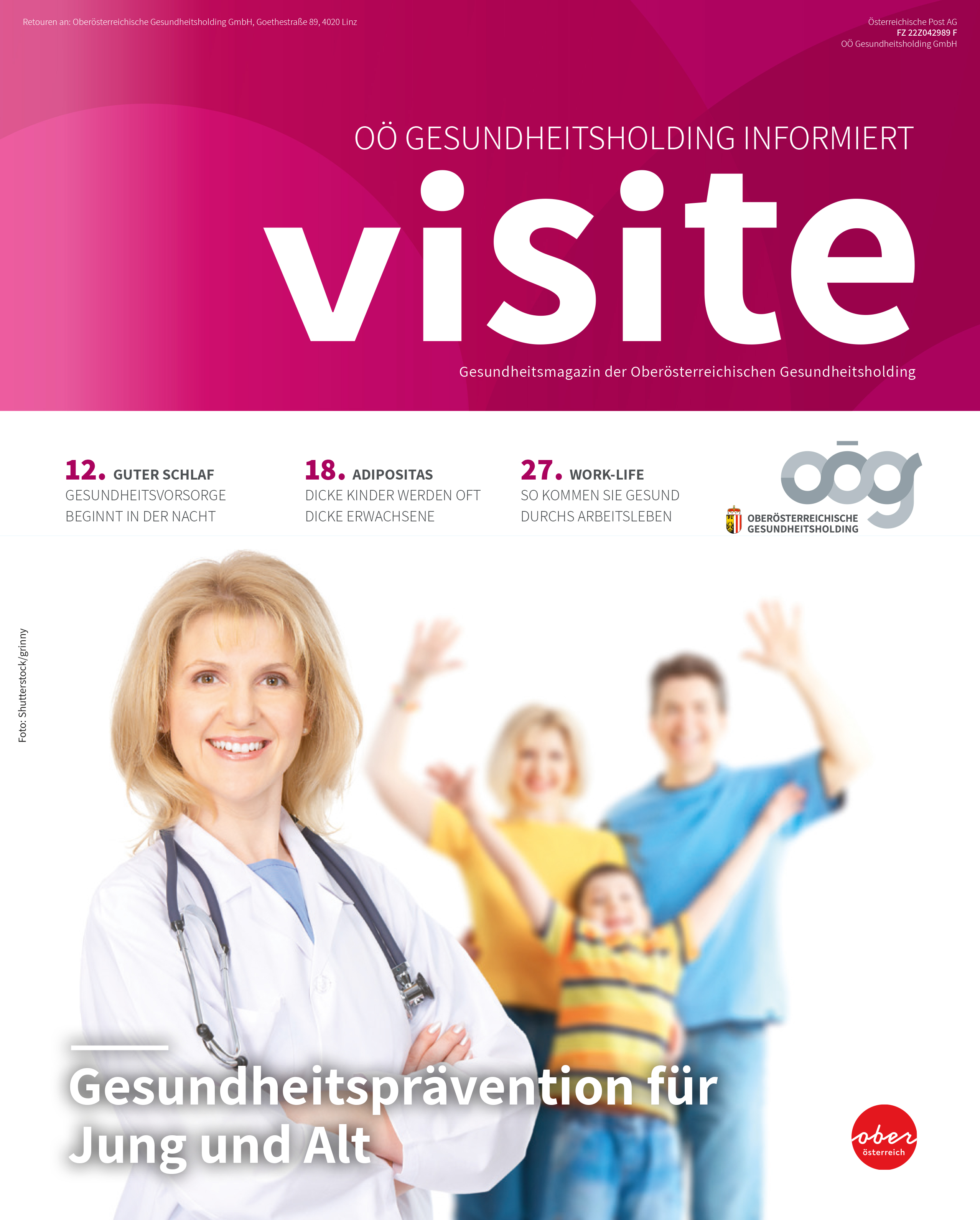 Titelseite Visite Prävention, Ärztin mit Familie im Hintergrund